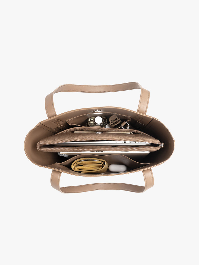 CALPAK Haven 14 inch Laptop Bucket Bag in beige Taupe top view with compartments filled