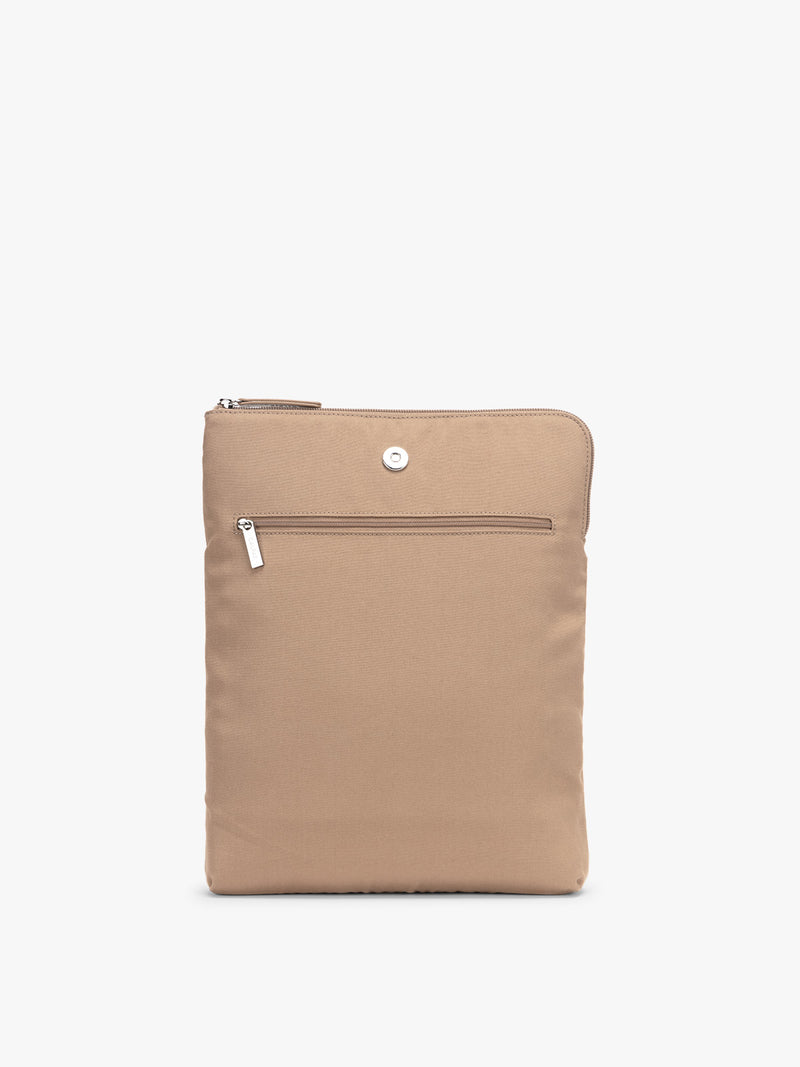 CALPAK Haven 14 inch Laptop Bucket Bag in beige Taupe's removable pocket sleeve