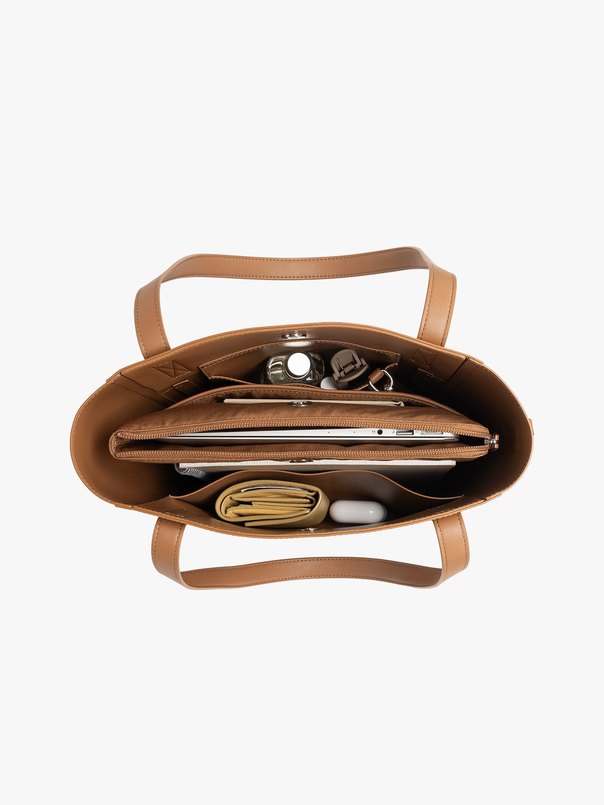 CALPAK Haven 14 inch Laptop Bucket Bag in brown Toffee open view with compartments filled; ABU2501-TOFFEE