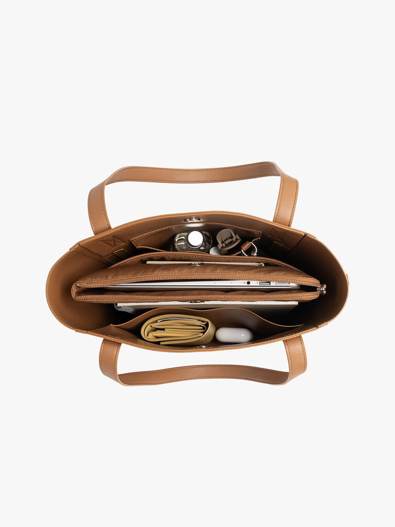 CALPAK Haven 14 inch Laptop Bucket Bag in brown Toffee open view with compartments filled