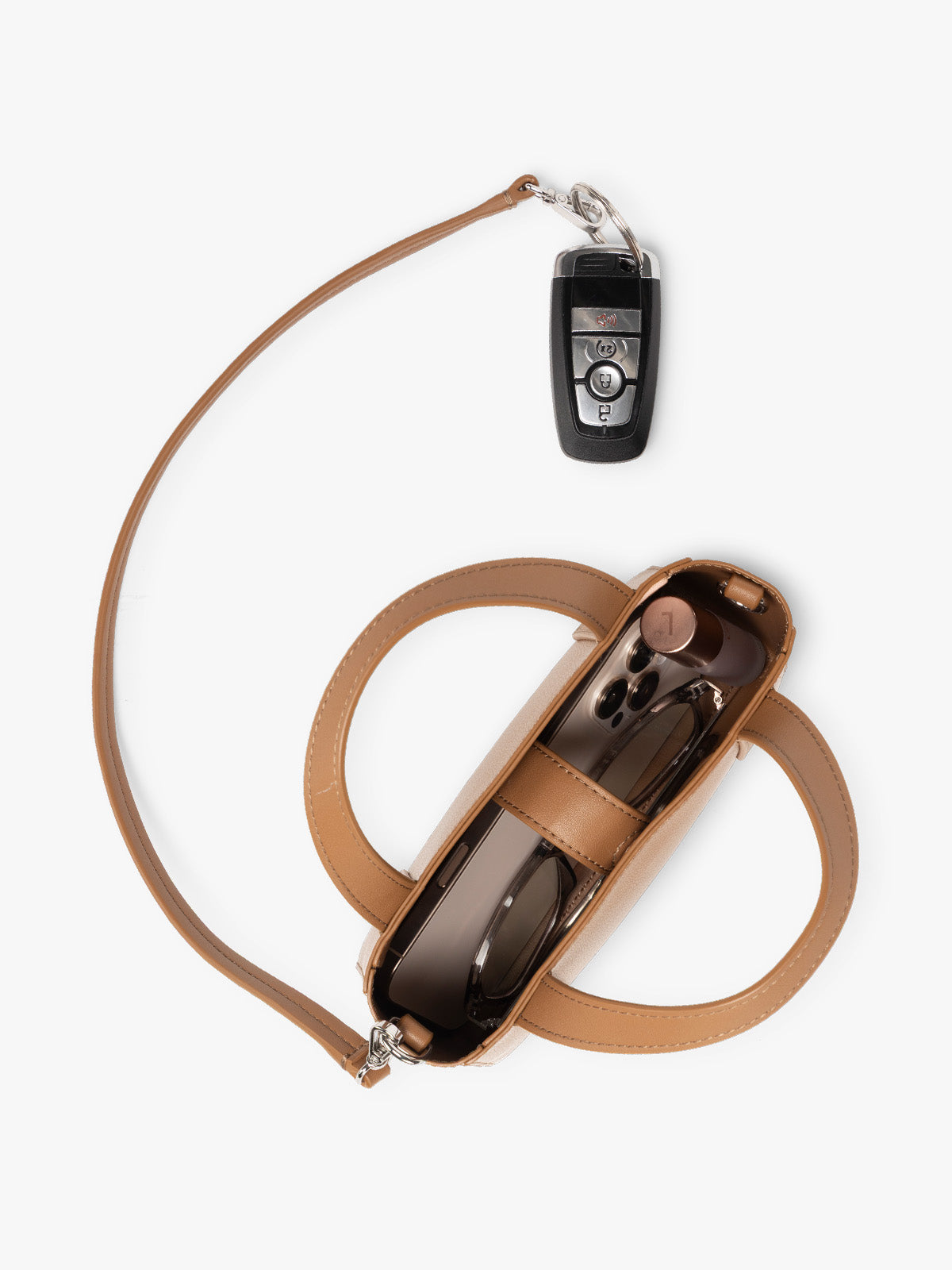 CALPAK Haven Mini Crossbody Bag in brown Toffee top view with key strap; AMC2501-TOFFEE
