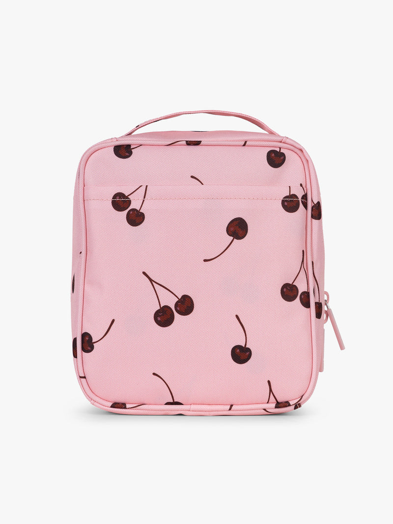 Back view of CALPAK Everything Cube pink with cherry print Blossom Pink