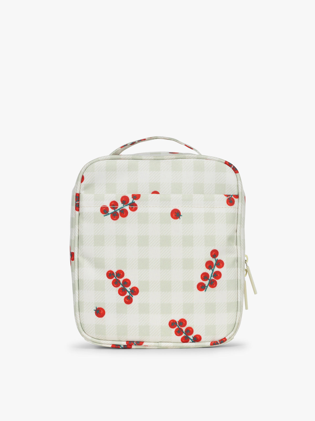 Backside of CALPAK Everything Cube in light and green gingham pattern with tomato print; ACE2401-CELADON-TOMATO-PICNIC