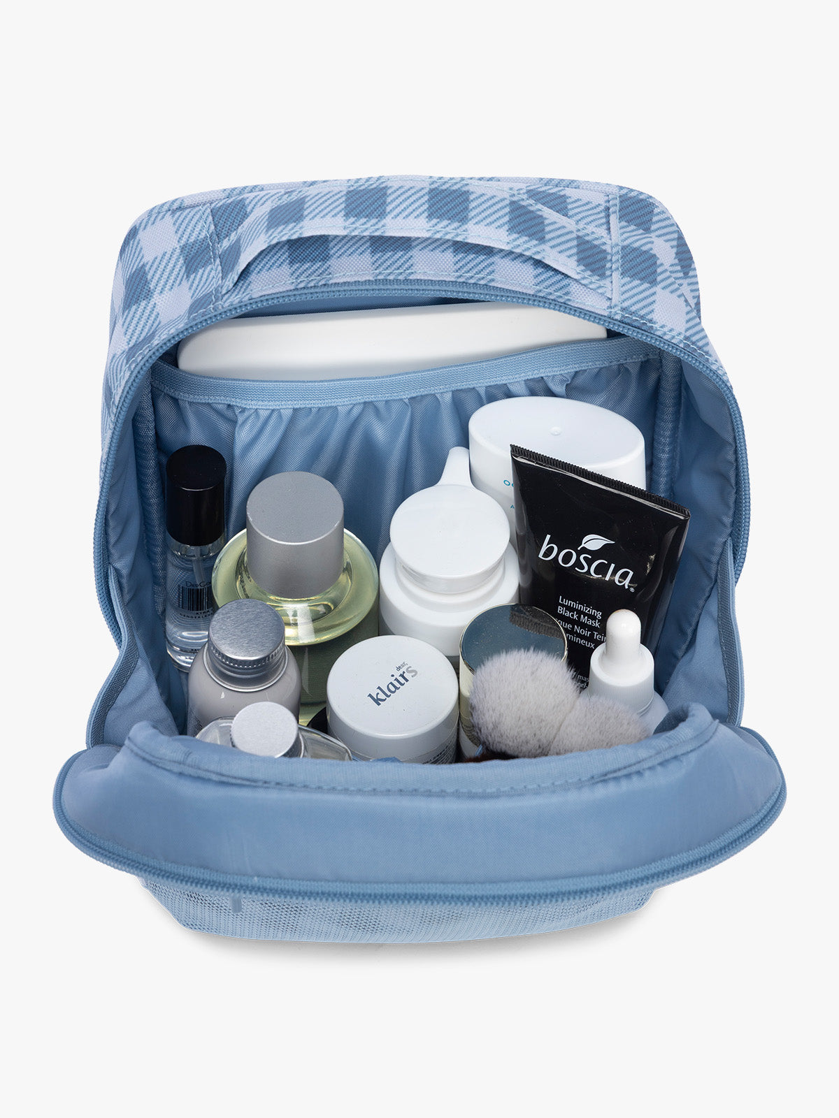Products inside the CALPAK Everything Cube in light blue and white gingham print ; ACE2401-FRENCH-BLUE-GINGHAM