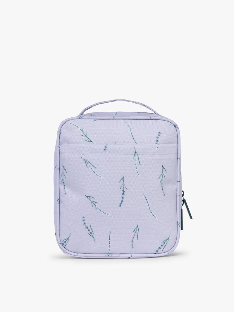 Backside of CALPAK Everything Cube in light purple with lavender flower print
