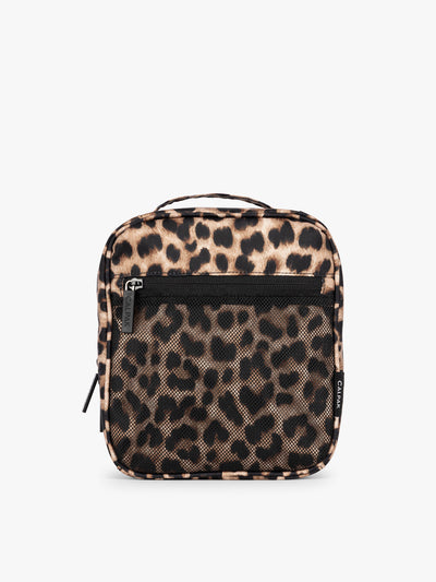 Leopard print in Leopard the CALPAK Everything Cube organizer with a top handle, a front zippered pocket, and a textured mesh lower panel, shown against a plain white background; ACE2401-LEOPARD view 1