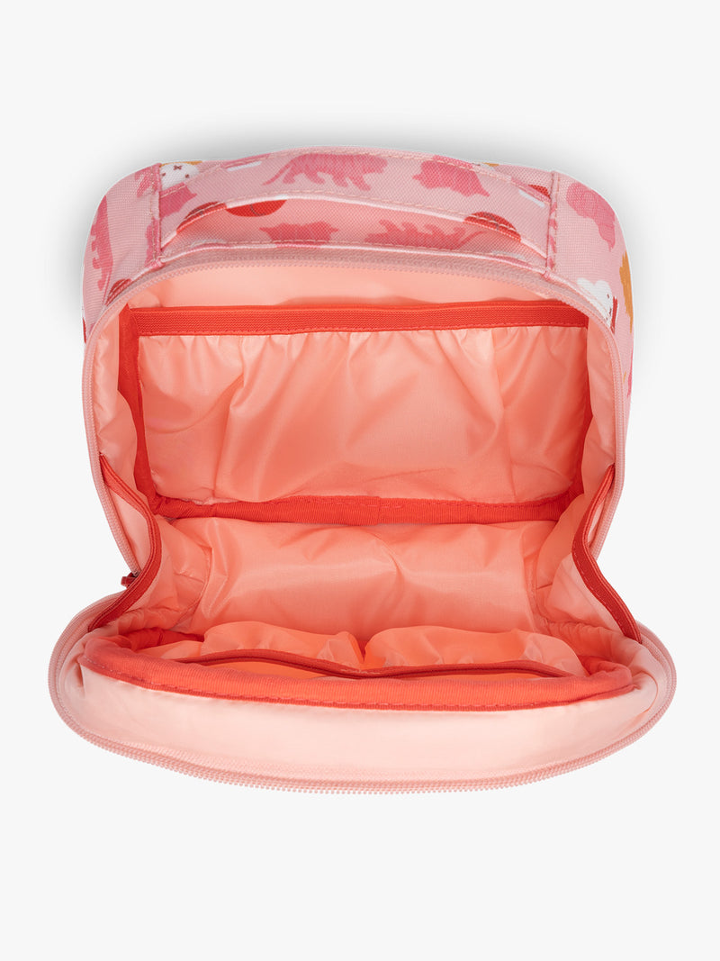 Opened view of pink organizer with Miffy and zoo animals print for the CALPAK Everything Cube