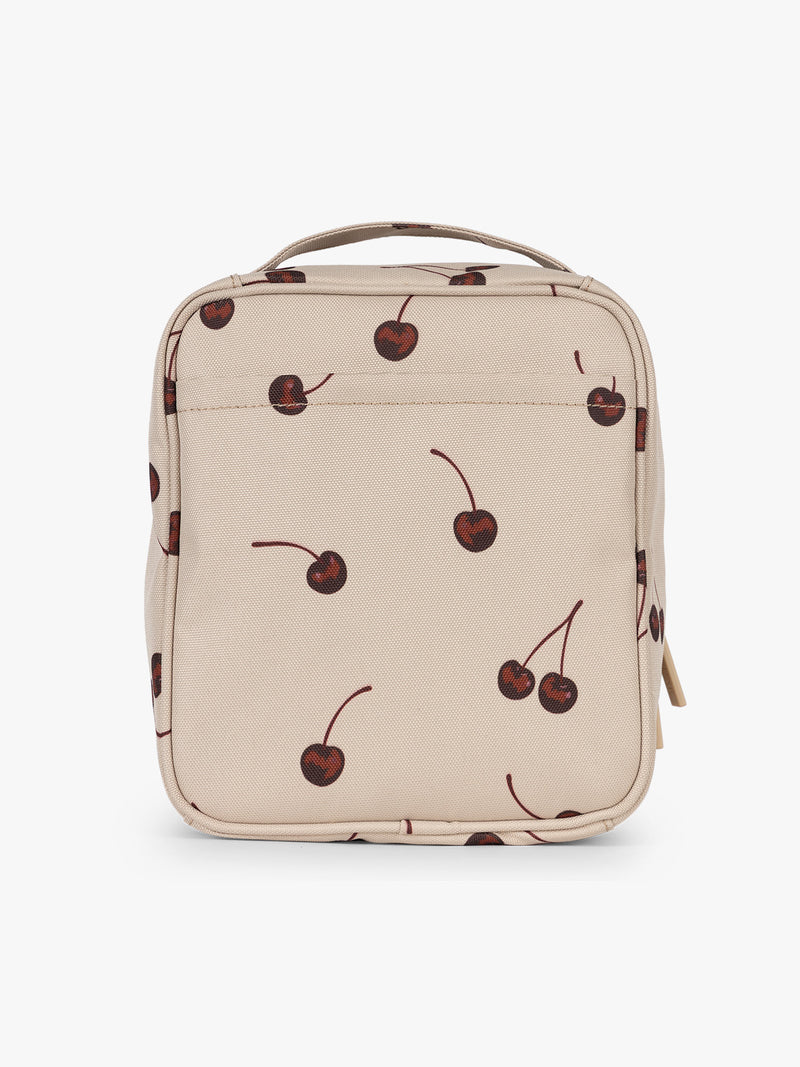 Back view of CALPAK Everything Cube beige with cherry print Oatmeal Pink