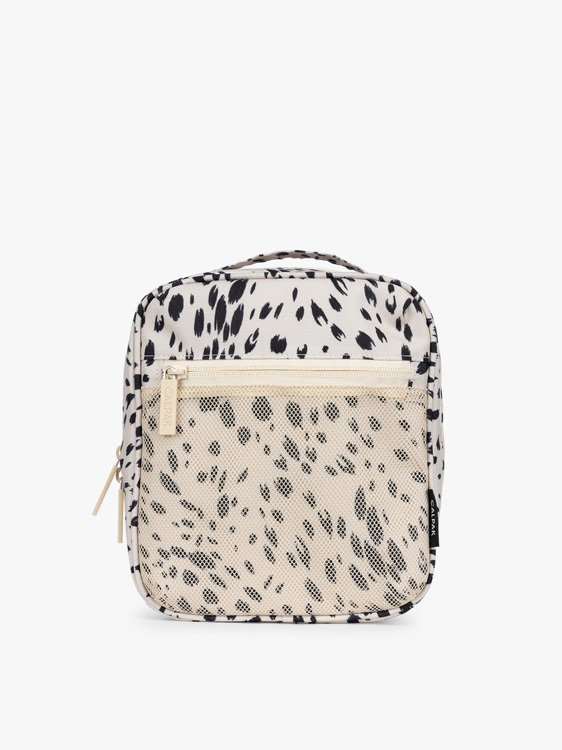 White with black leopard print in Snow Leopard the CALPAK Everything Cube organizer with a top handle, a front zippered pocket, and a textured mesh lower panel, shown against a plain white background