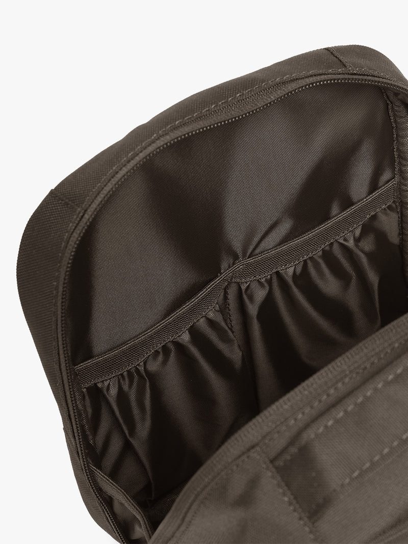 Interior pockets of CALPAK Everything Cube in brown Mushroom