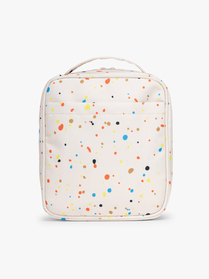Backside of CALPAK Everything Cube in beige with speckle pattern