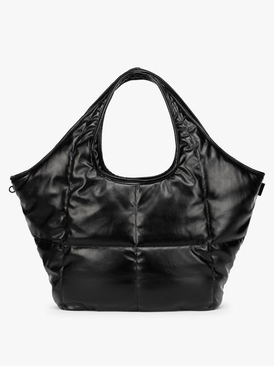 Black quilted puffer CALPAK Luka Everything Tote Bag with a smooth finish and double shoulder straps, shown against a plain white background; AET2601-BLACK-PU view 1