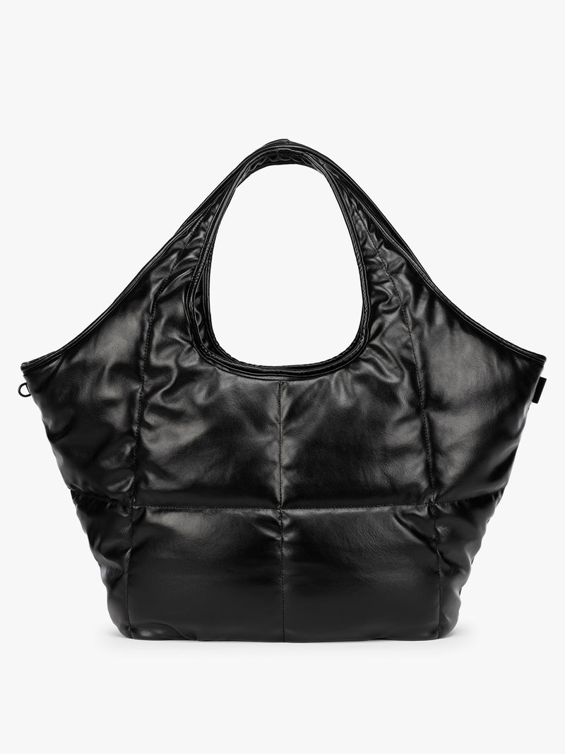 Black quilted puffer CALPAK Luka Everything Tote Bag with a smooth finish and double shoulder straps, shown against a plain white background