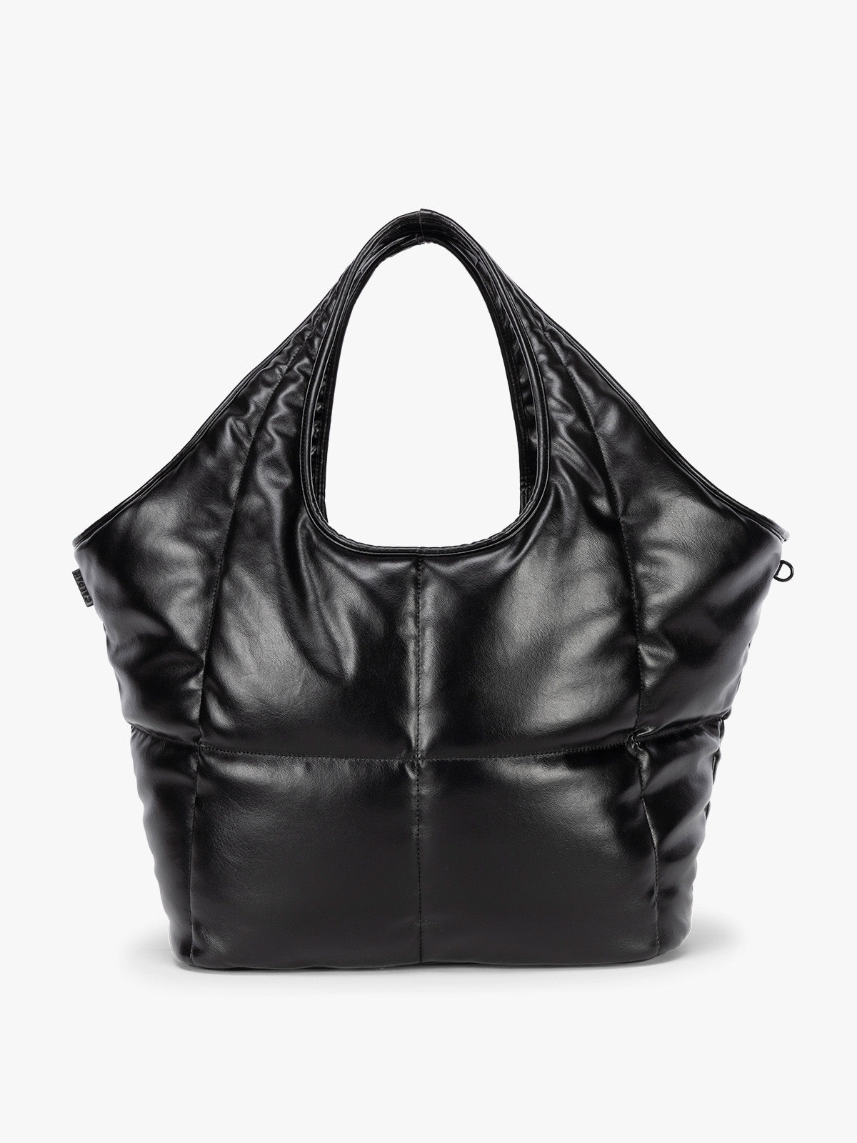 Black quilted puffer CALPAK Luka Everything Tote Bag with a smooth finish and double shoulder straps, shown against a plain white background; AET2601-BLACK-PU