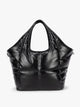 Black quilted puffer CALPAK Luka Everything Tote Bag with a smooth finish and double shoulder straps, shown against a plain white background; AET2601-BLACK-PU