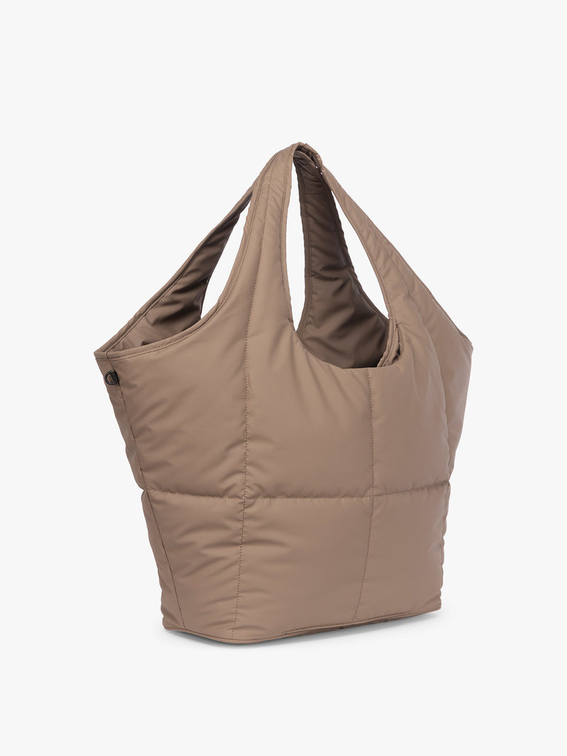 Side view of CALPAK Luka Everything Tote in brown Chocolate