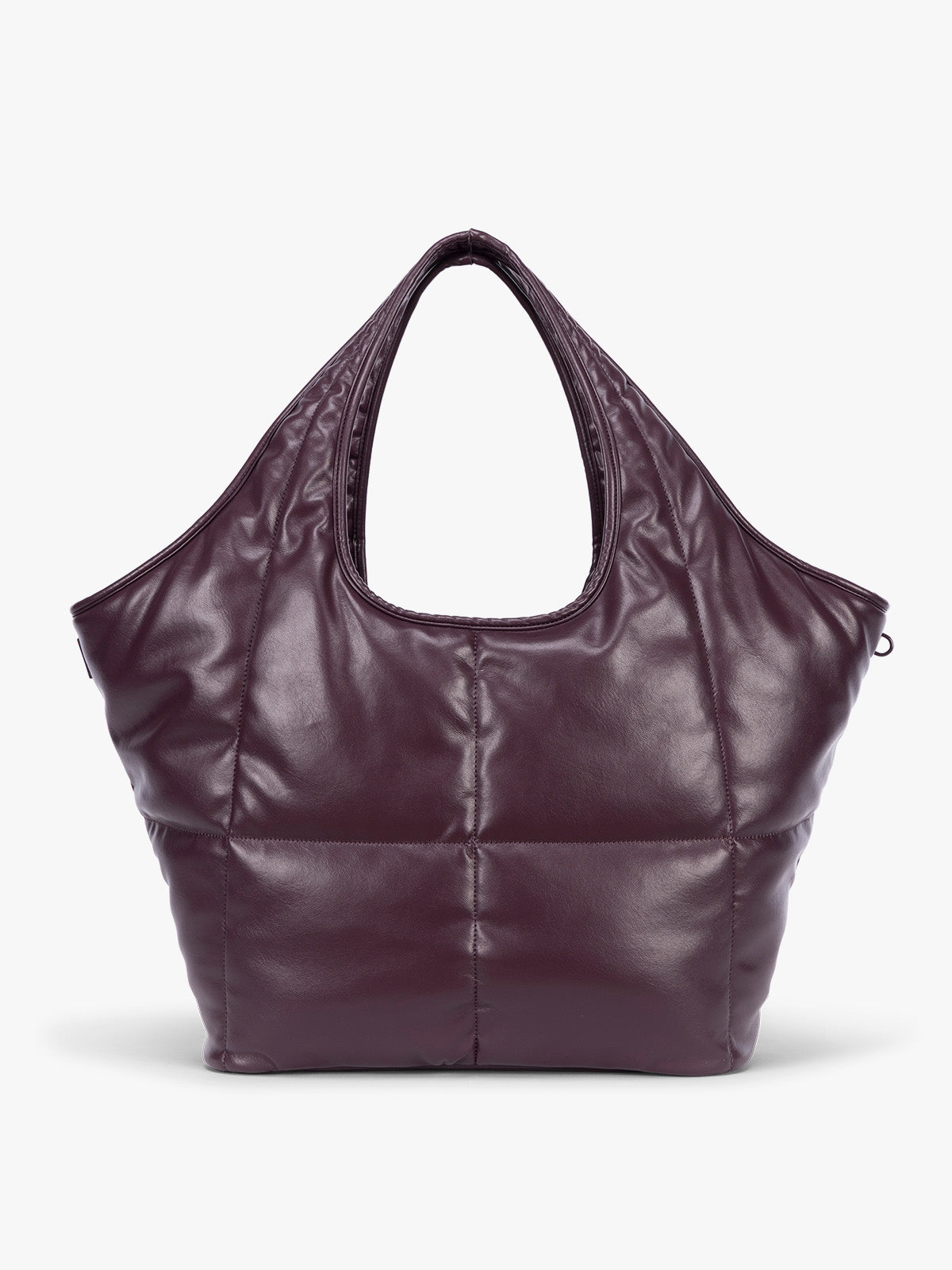 Dark Cherry quilted puffer CALPAK Luka Everything Tote Bag with a smooth finish and double shoulder straps, shown against a plain white background; AET2601-DARK-CHERRY-PU