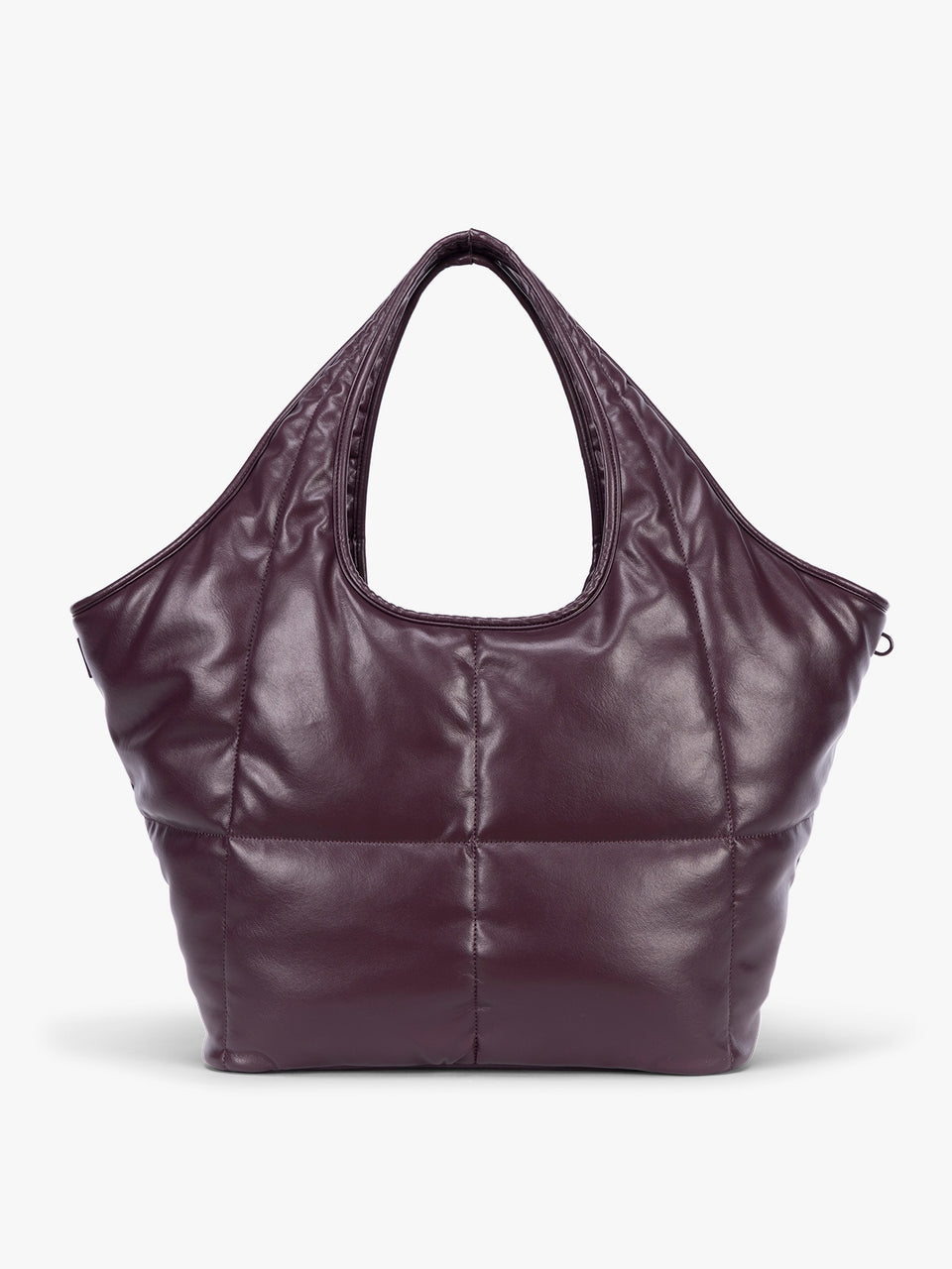 Dark Cherry quilted puffer CALPAK Luka Everything Tote Bag with a smooth finish and double shoulder straps, shown against a plain white background; AET2601-DARK-CHERRY-PU