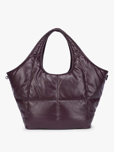 Dark Cherry quilted puffer CALPAK Luka Everything Tote Bag with a smooth finish and double shoulder straps, shown against a plain white background; AET2601-DARK-CHERRY-PU view 1