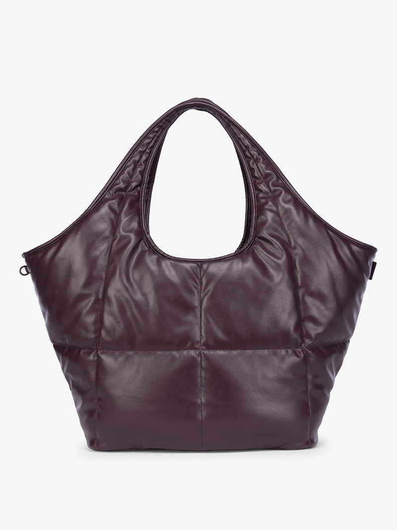 Dark Cherry quilted puffer CALPAK Luka Everything Tote Bag with a smooth finish and double shoulder straps, shown against a plain white background