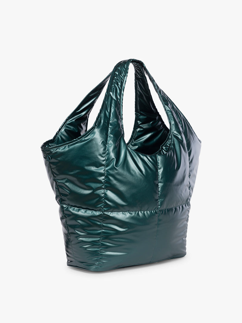 Side view of CALPAK Luka Everything Tote in dark green shiny Kale