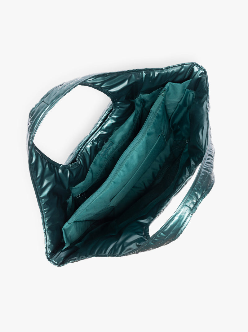Opened CALPAK Luka Everything Tote in dark green shiny Kale