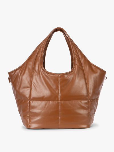 Honey Brown quilted puffer CALPAK Luka Everything Tote Bag with a smooth finish and double shoulder straps, shown against a plain white background; AET2601-HONEY-BROWN-PU