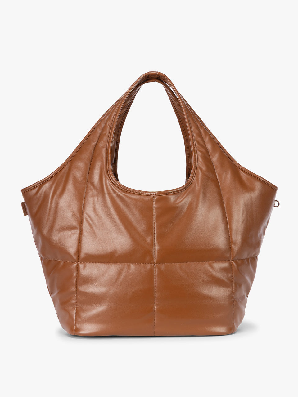 Honey Brown quilted puffer CALPAK Luka Everything Tote Bag with a smooth finish and double shoulder straps, shown against a plain white background; AET2601-HONEY-BROWN-PU
