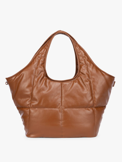 Honey Brown quilted puffer CALPAK Luka Everything Tote Bag with a smooth finish and double shoulder straps, shown against a plain white background; AET2601-HONEY-BROWN-PU view 1