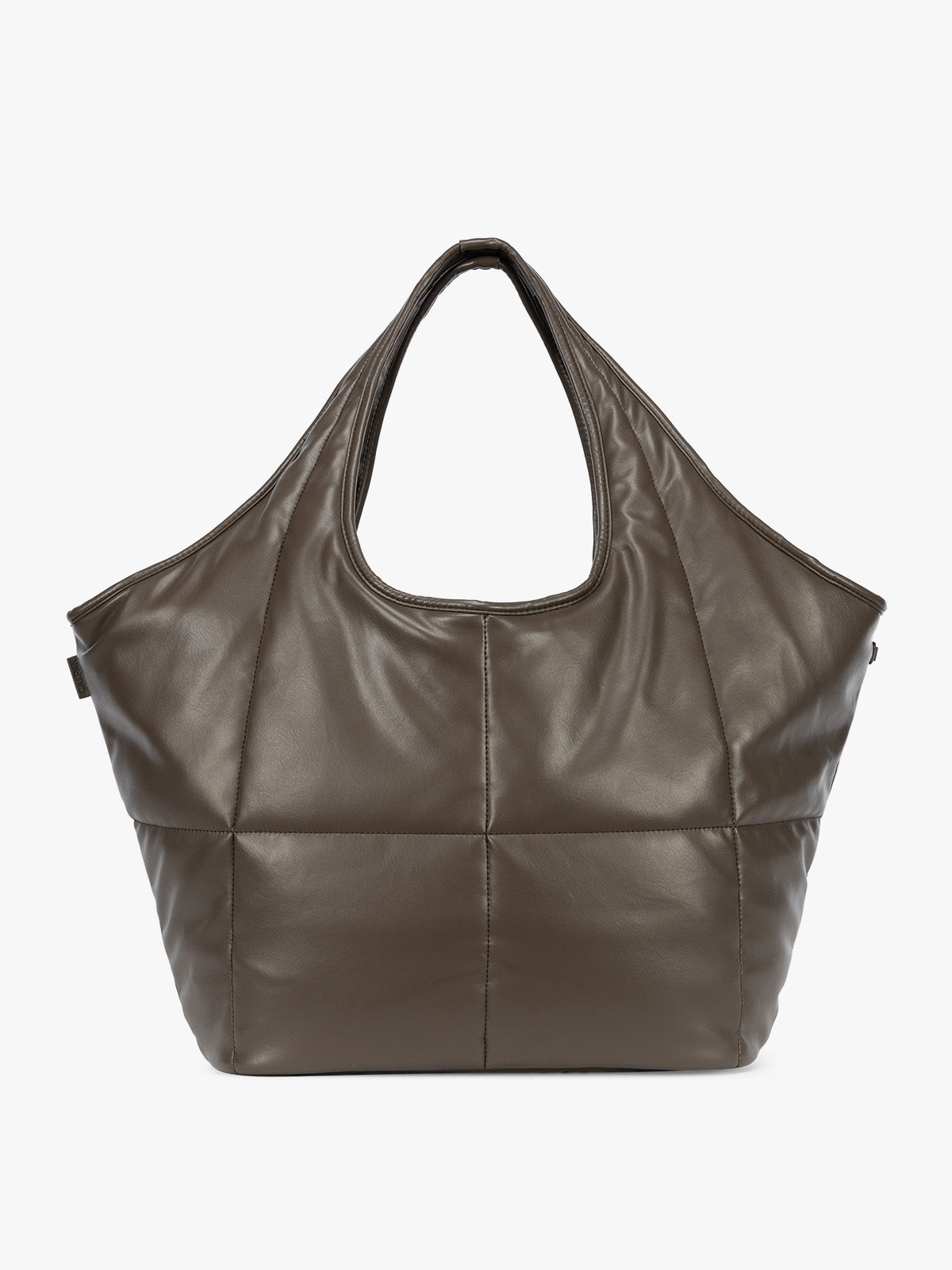 Mushroom brown quilted puffer CALPAK Luka Everything Tote Bag with a smooth finish and double shoulder straps, shown against a plain white background; AET2601-MUSHROOM-PU