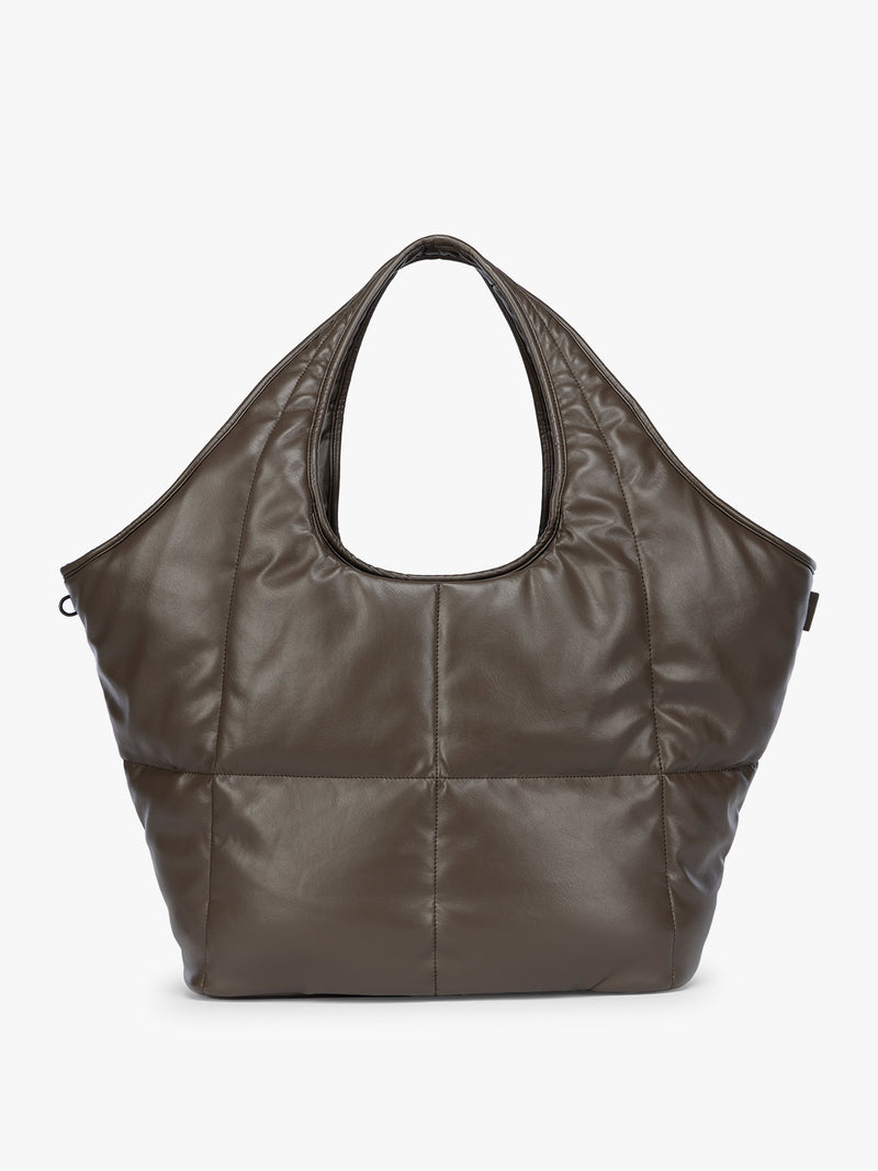Mushroom brown quilted puffer CALPAK Luka Everything Tote Bag with a smooth finish and double shoulder straps, shown against a plain white background