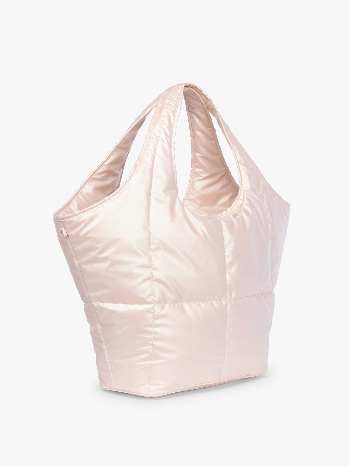 Side view of CALPAK Luka Everything Tote in light pink Pearlescent; AET2601-PEARLESCENT