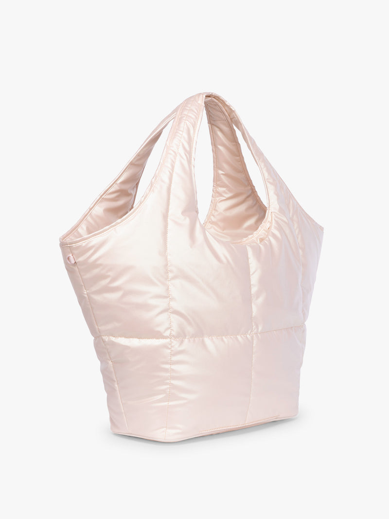 Side view of CALPAK Luka Everything Tote in light pink Pearlescent