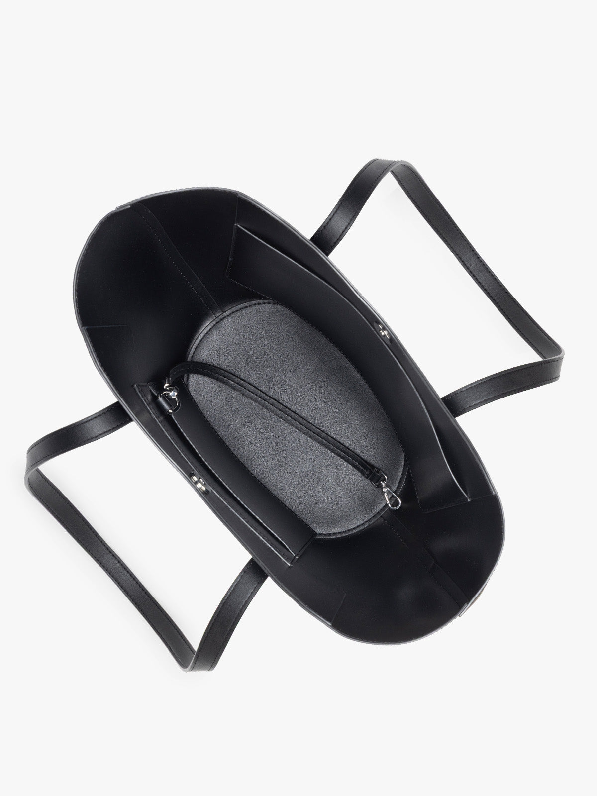 Opened view of CALPAK Haven Tulip Tote in Black; AHP2601-BLACK
