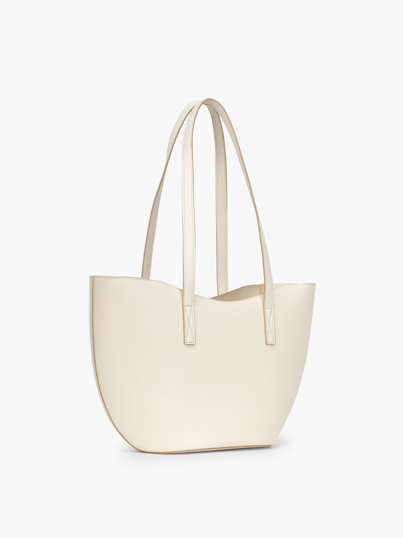 Side view of CALPAK Haven Tulip Tote in beige Buttercream