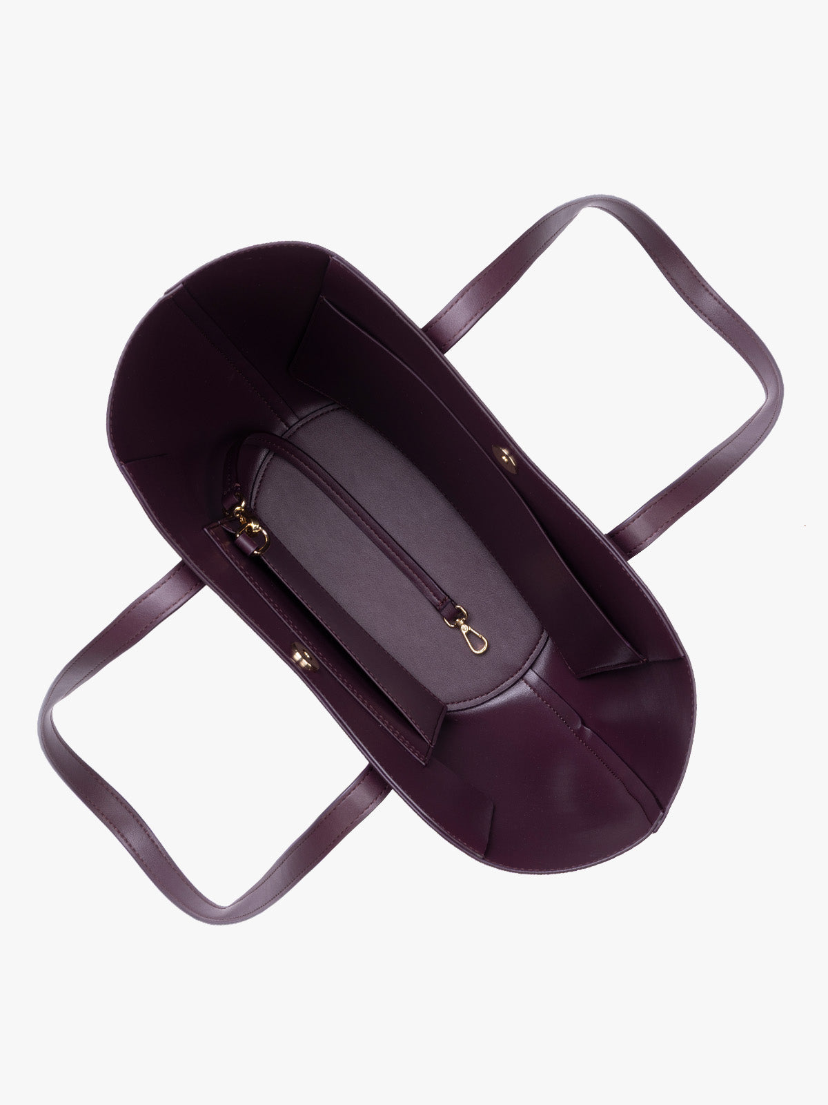 A top down view of the CALPAK Haven Tulip Tote in Dark Cherry dark plum purple crocodile-embossed leather tote bag with double shoulder straps  against a plain white background ; AHP2601-DARK-CHERRY-FAUX-CROC