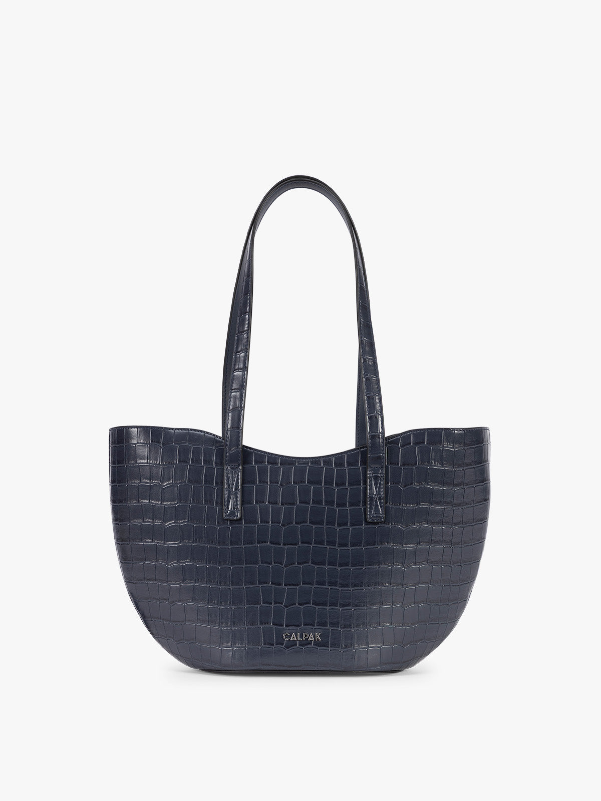 A navy blue crocodile-embossed CALPAK Haven Tulip tote bag with double shoulder straps against a plain white background; AHP2601-NAVY-FAUX-CROC
