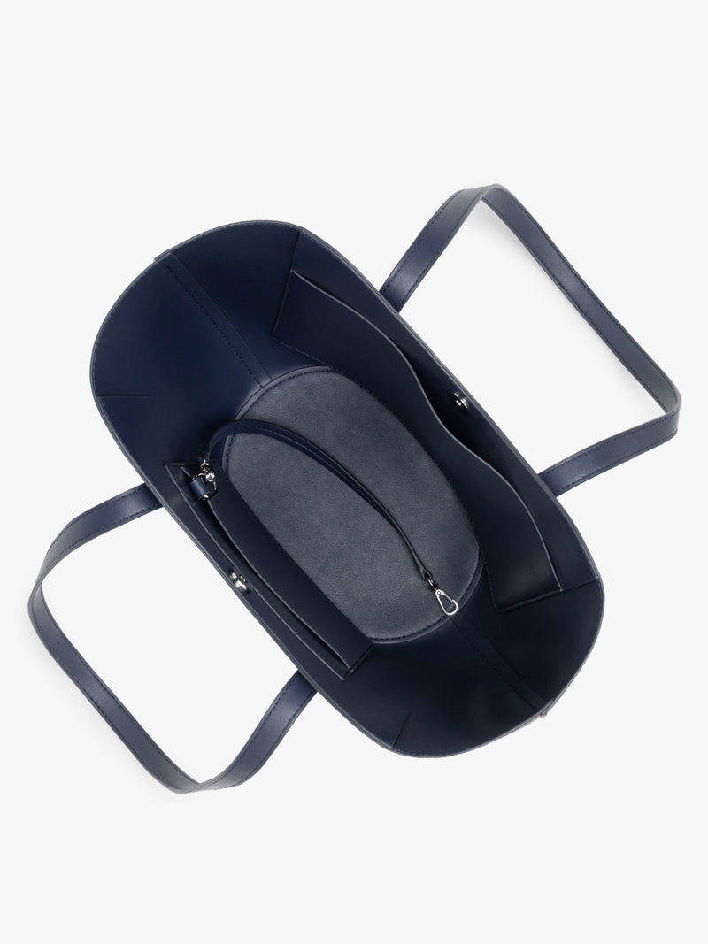 Opened view of CALPAK Haven Tulip Tote in dark blue