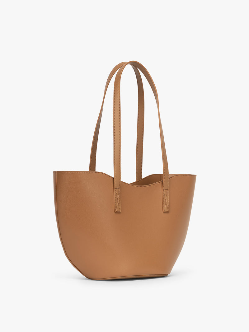 Side view of CALPAK Haven Tulip Tote in light brown Toffee