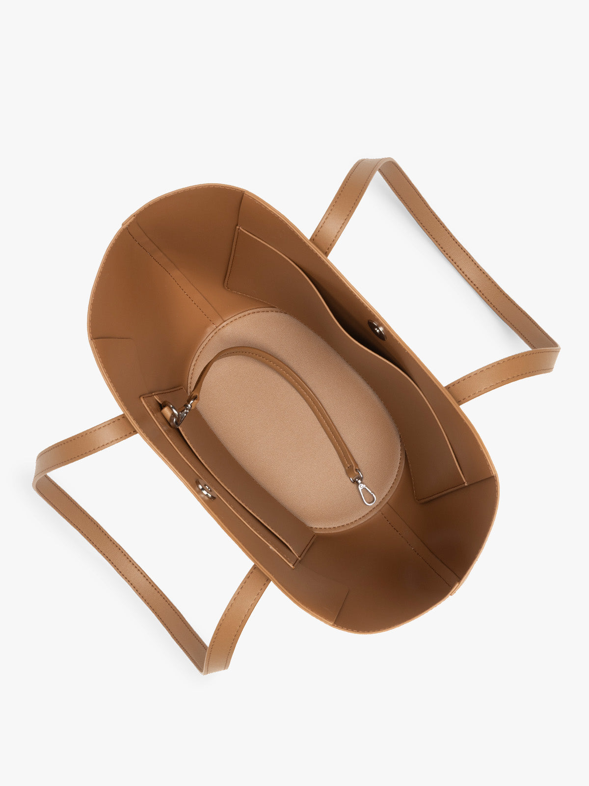 Opened view of CALPAK Haven Tulip Tote in light brown Toffee; AHP2601-TOFFEE