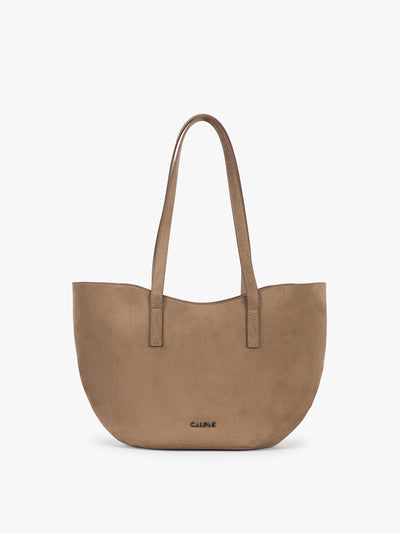CALPAK Haven Tulip Tote in Truffle Suede taupe brown tote bag with dual shoulder straps against a plain white background; AHP2601-TRUFFLE-FAUX-SUEDE view 1