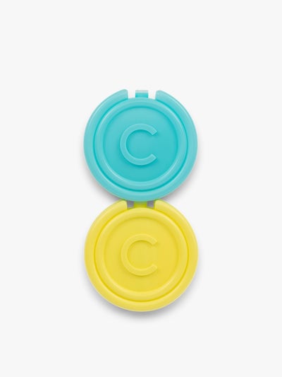 CALPAK circular Ice Packs that comes in a set of 2 in blue and yellow with letter C initial in the middle; AIP2501-AQUA-YELLOW