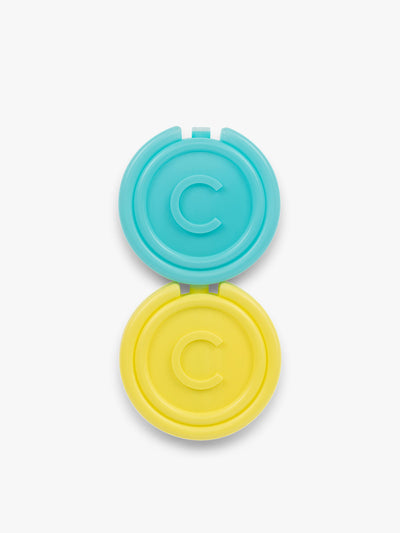 CALPAK circular Ice Packs that comes in a set of 2 in blue and yellow with letter C initial in the middle; AIP2501-AQUA-YELLOW view 1