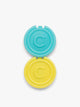 CALPAK circular Ice Packs that comes in a set of 2 in blue and yellow with letter C initial in the middle; AIP2501-AQUA-YELLOW
