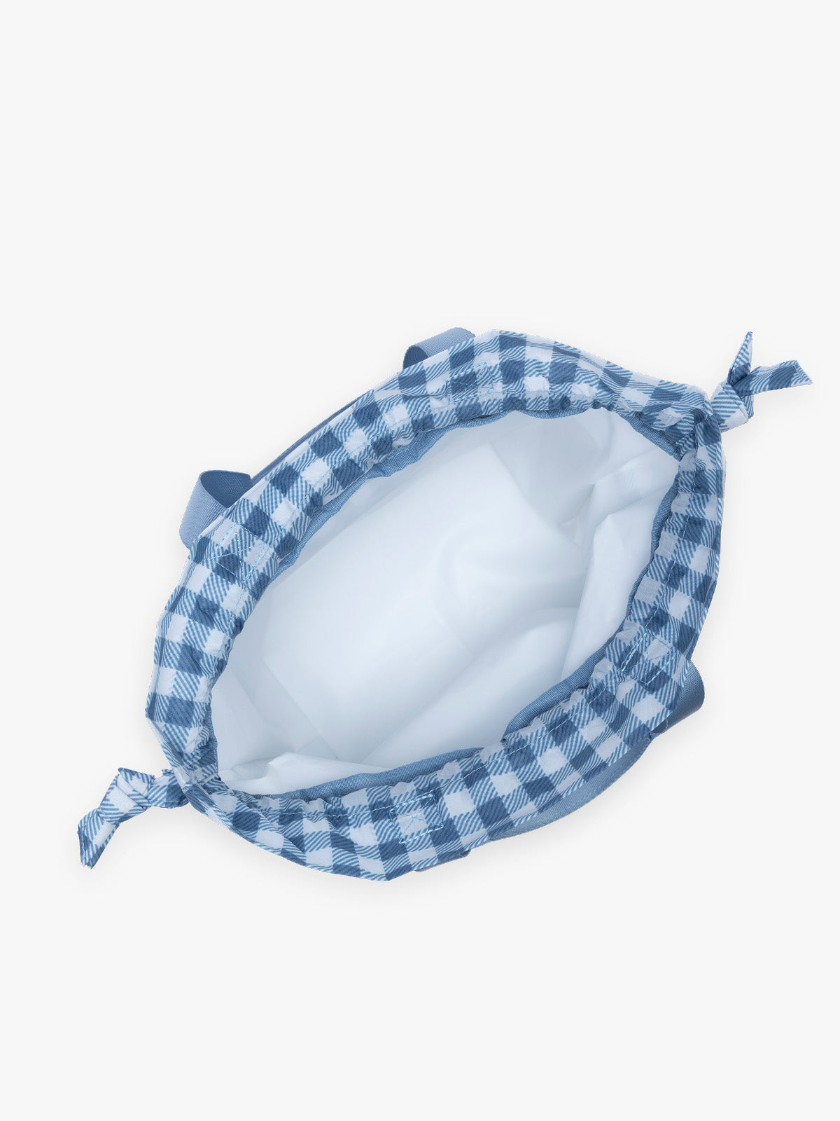 Opened CALPAK Insulated Lunch Bag in light blue checkered in French Blue Gingham; ALB2001-FRENCH-BLUE-GINGHAM