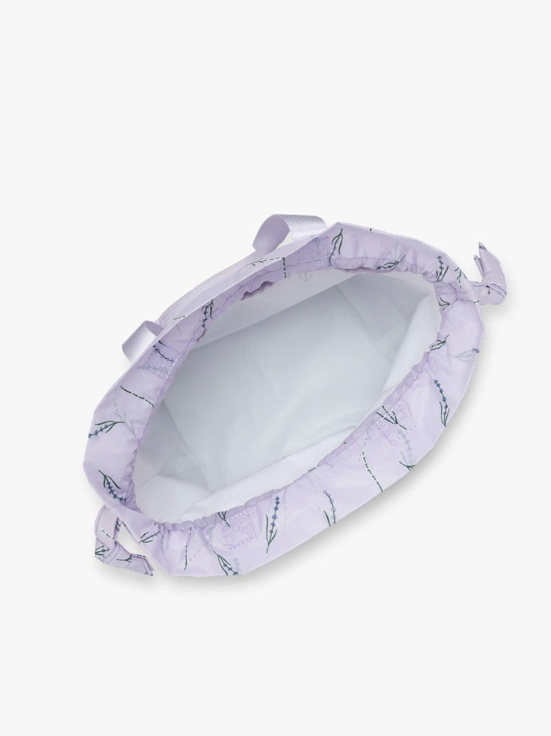 Opened view of CALKPAK Insulated Lunch Bag in lavender purple with lavender flower print