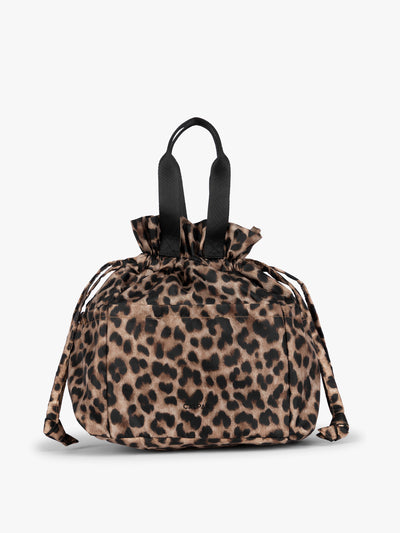 Leopard animal print of the CALPAK Insulated Lunch Bag with top handles, shown against a plain white background; ALB2001-LEOPARD view 1