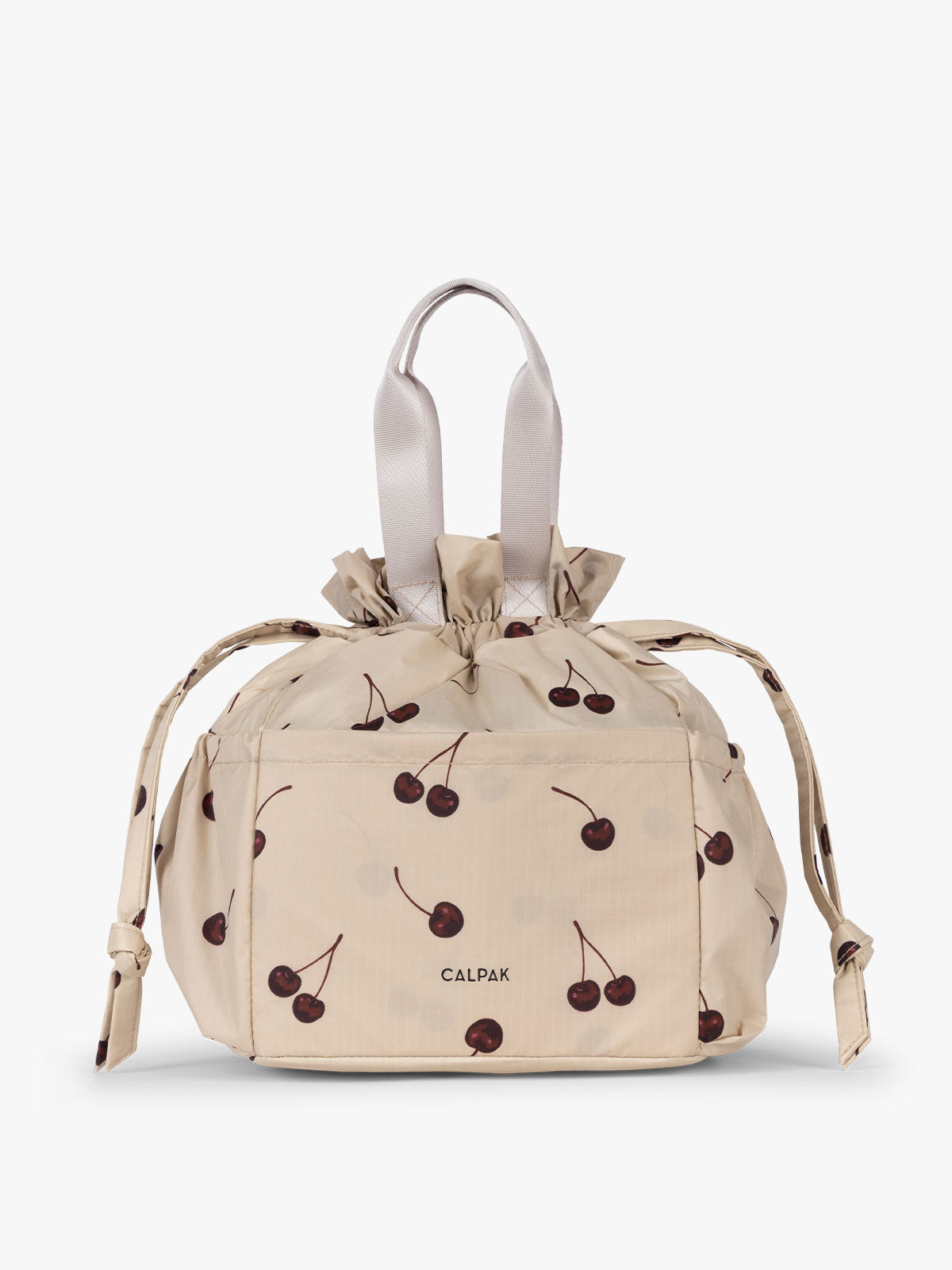 CALPAK Insulated Lunch Bag in Oatmeal Cherry in tan with cherry print with drawstring; ALB2001-OATMEAL-CHERRY