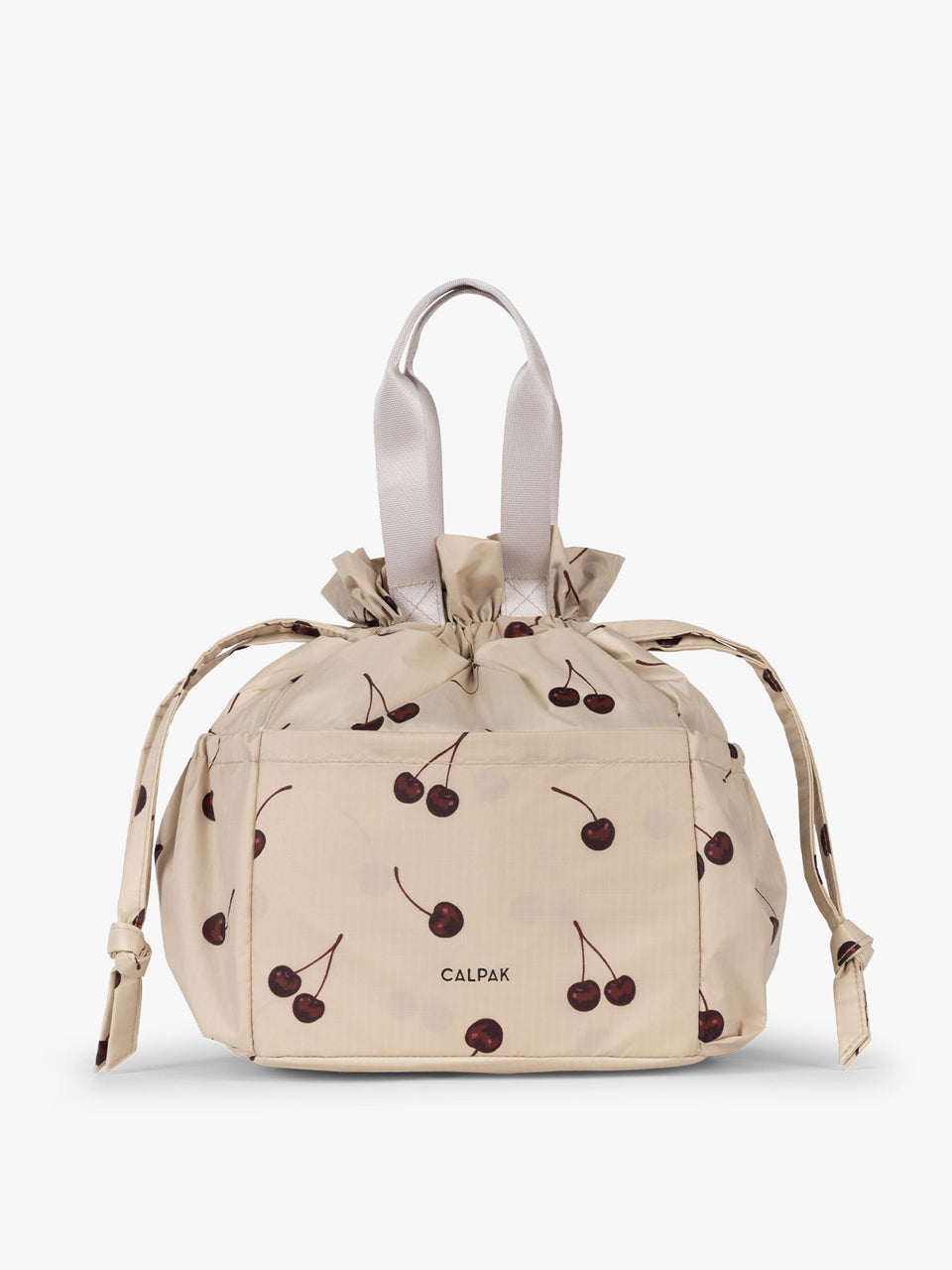 CALPAK Insulated Lunch Bag in Oatmeal Cherry in tan with cherry print with drawstring; ALB2001-OATMEAL-CHERRY