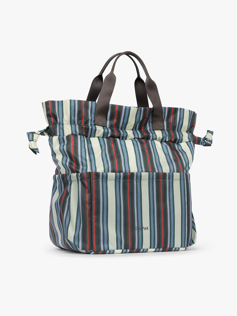 Extended view of CALPAK Insulated Lunch Bag in multicolor (celadon, mushroom, french blue, lavender) striped Riviera Stripe